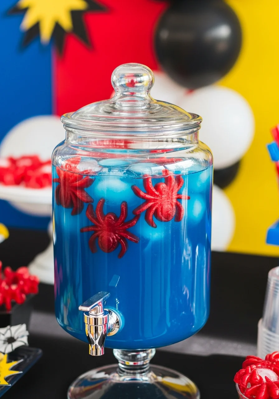 A glass dispenser of blue punch with red spider-shaped ice cubes.