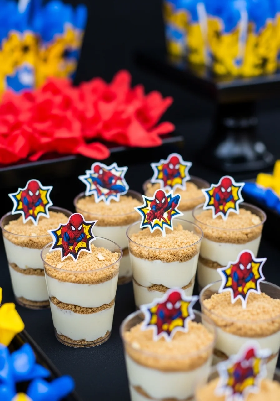 Individual pudding cups topped with graham cracker crumbs and a small topper.