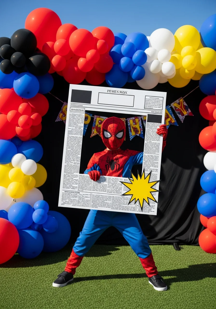 A child holding a large newspaper-style photo frame.