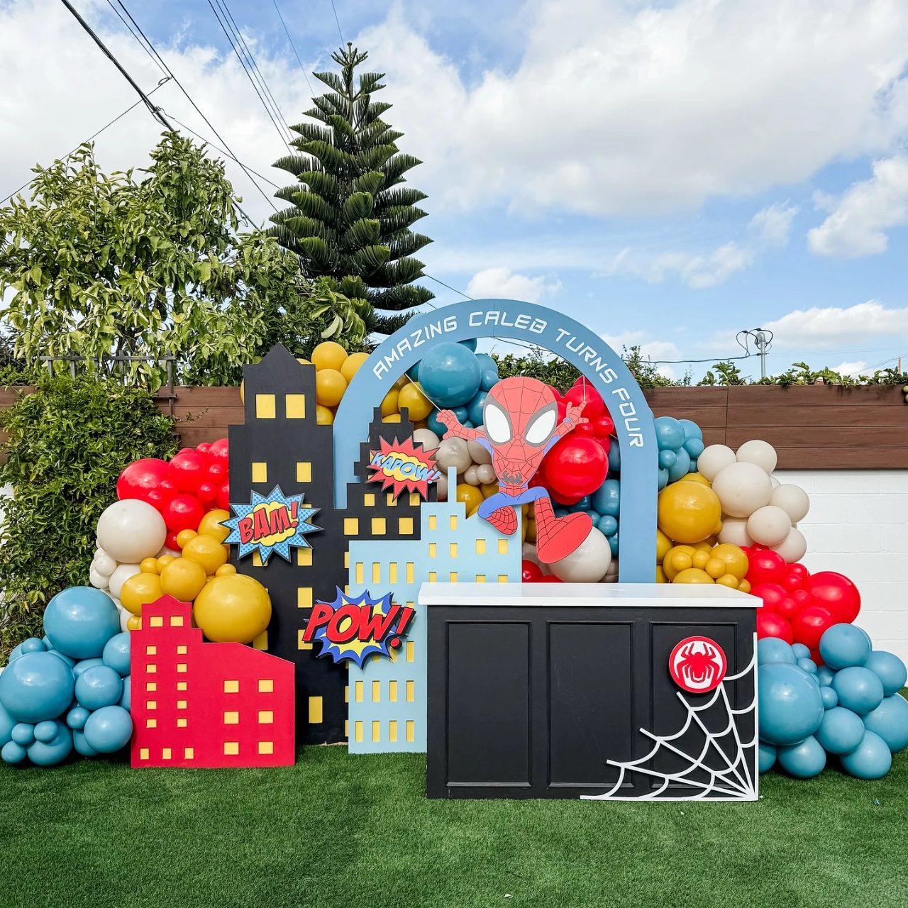 Comic Book Cityscape Backdrop spiderman birthday party ideas