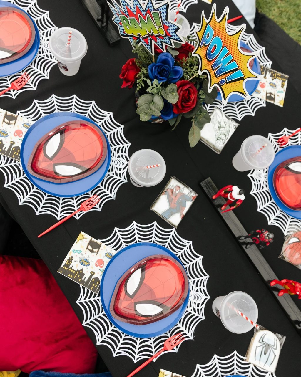 Comic Style Table Layers spiderman birthday party ideas