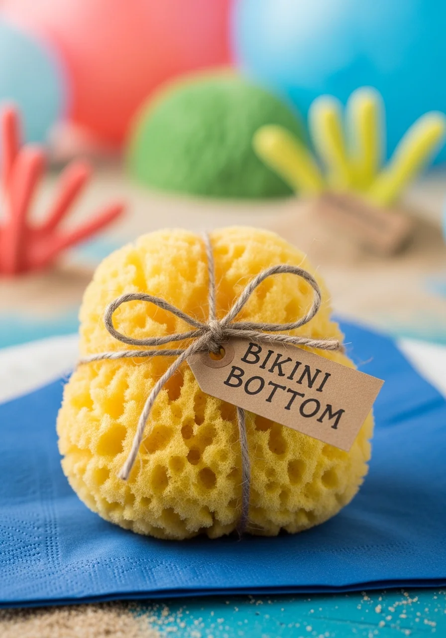 A natural sea sponge tied with twine and a gift tag on a blue background.