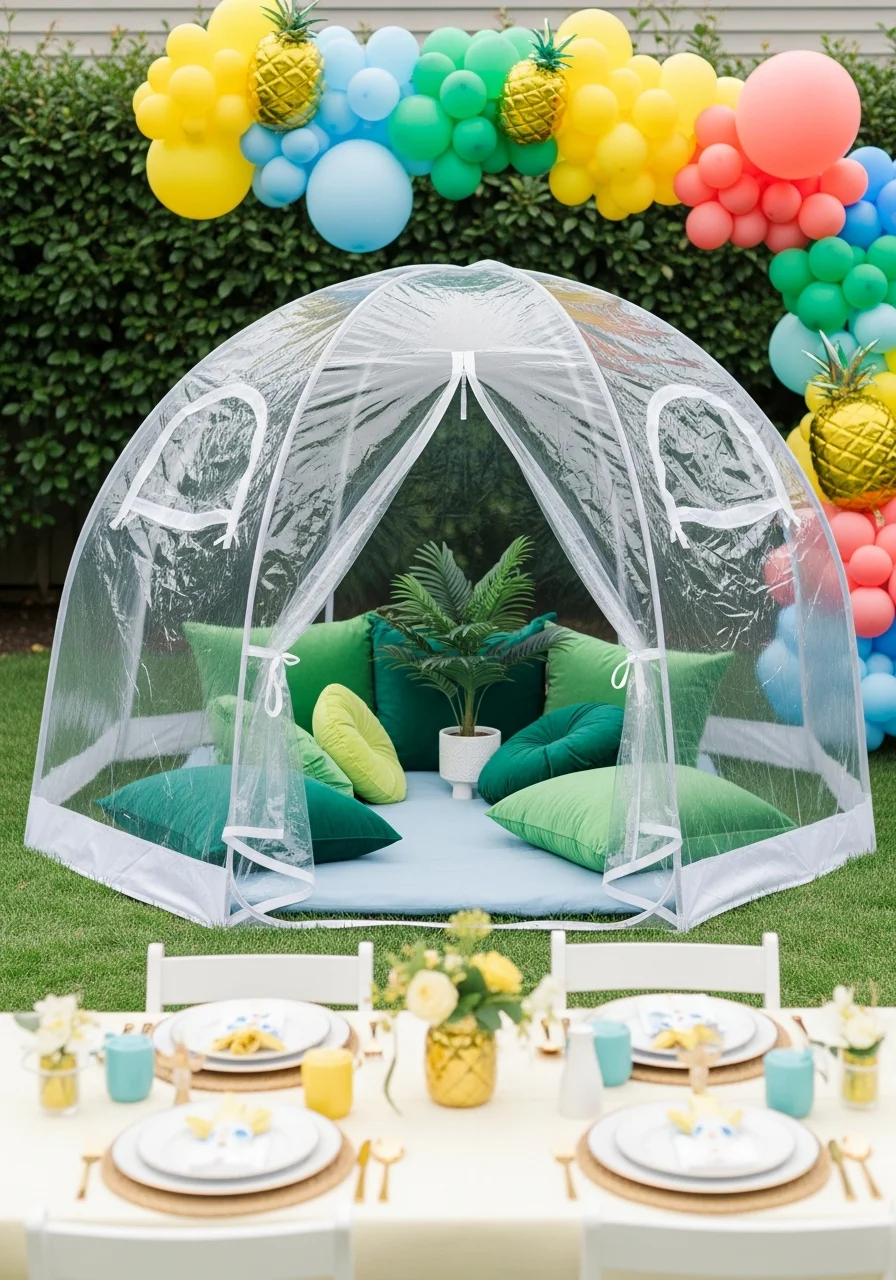 A clear dome-shaped play tent in a backyard with green cushions inside.