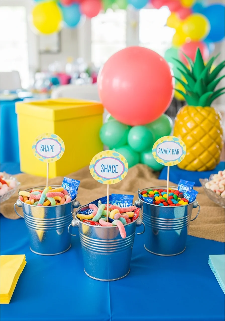 Small silver buckets filled with gummy candy on a blue tablecloth.