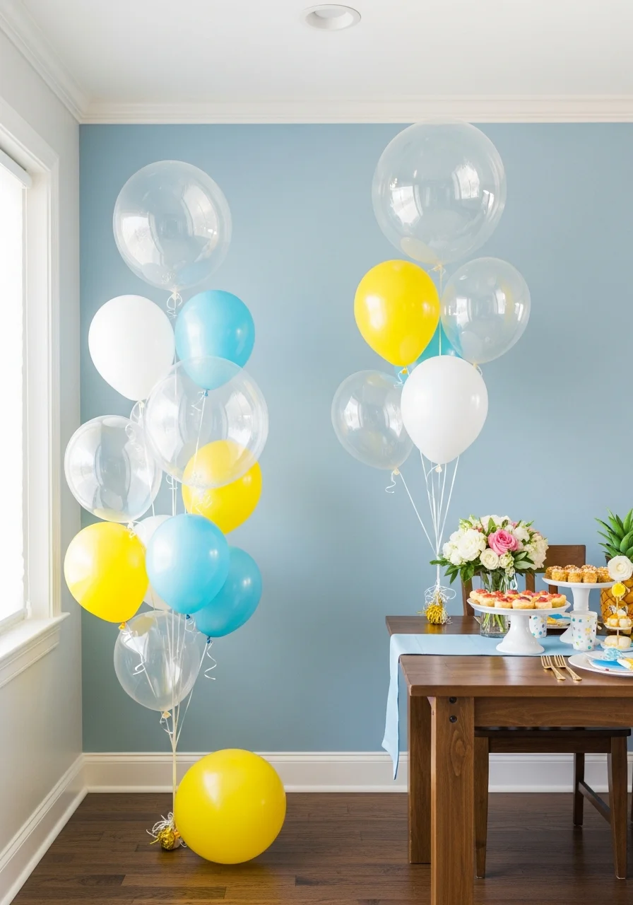 A cluster of clear and white balloons of different sizes arranged to look like bubbles against a blue wall.