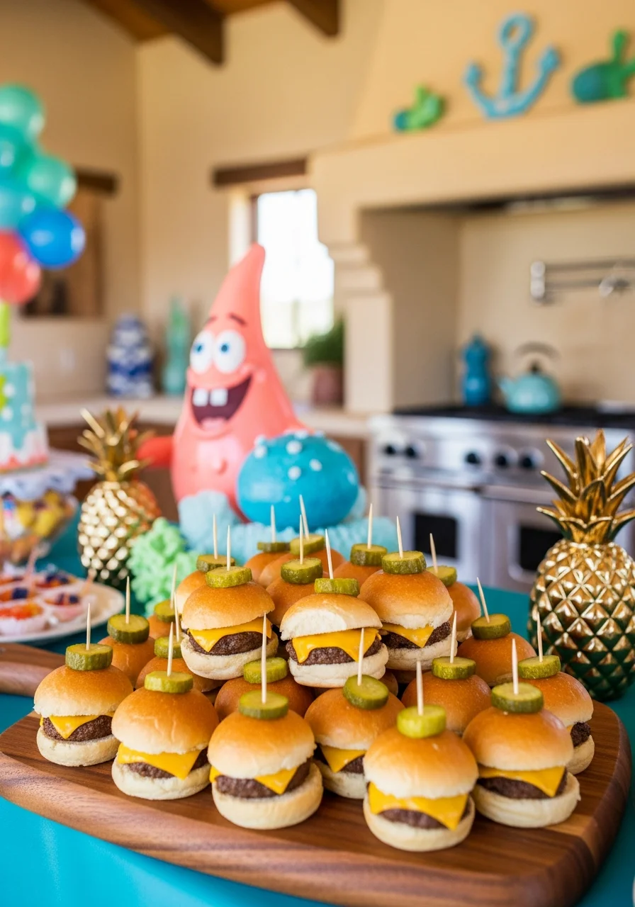 Mini cheeseburger sliders with pickles on top served on a wooden board.
