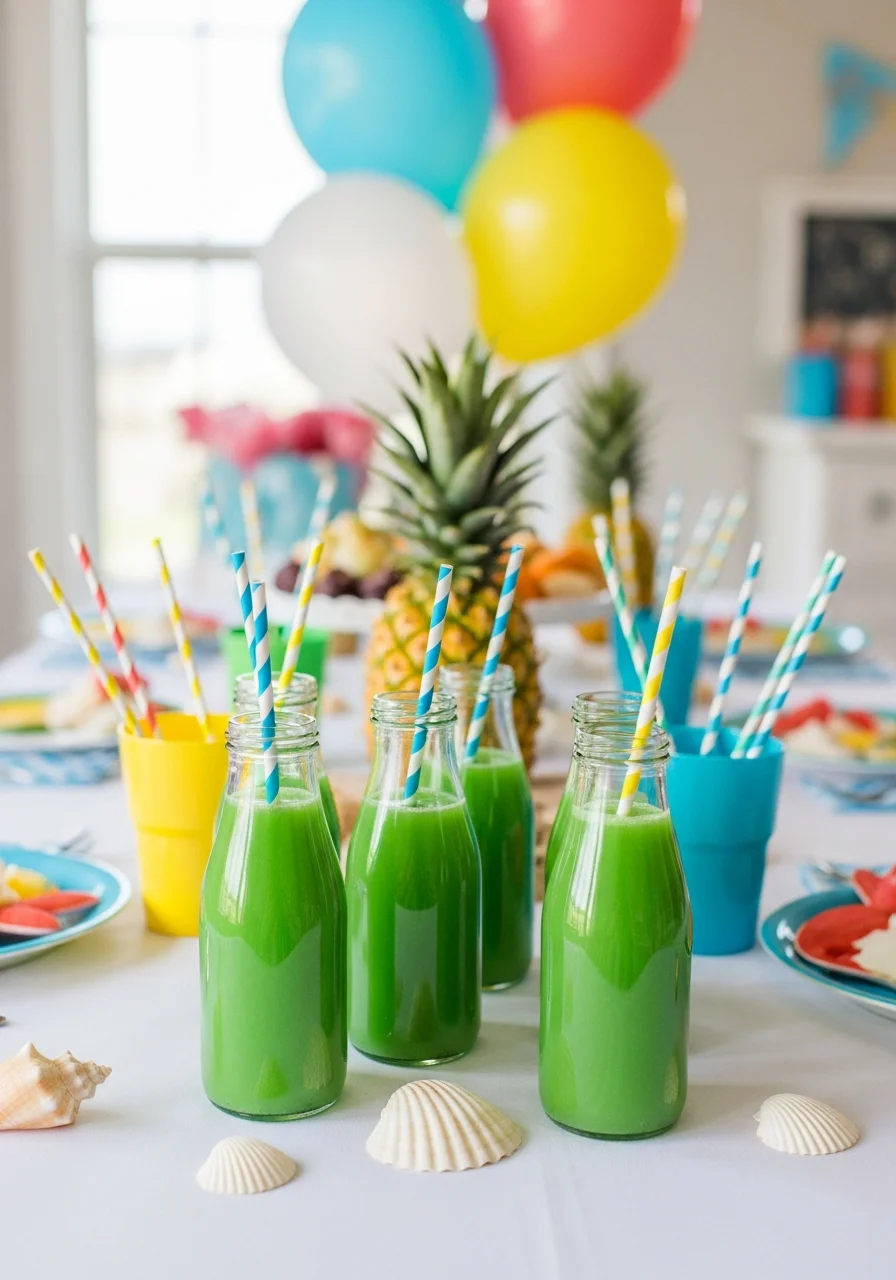 Glass bottles filled with bright green juice and striped straws on a party table.