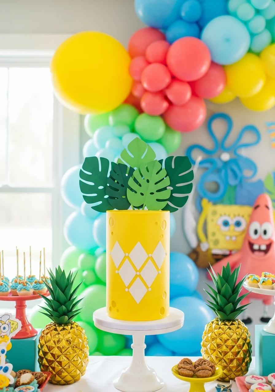 A yellow cake with a diamond pattern and green leaves on top, resembling a pineapple.