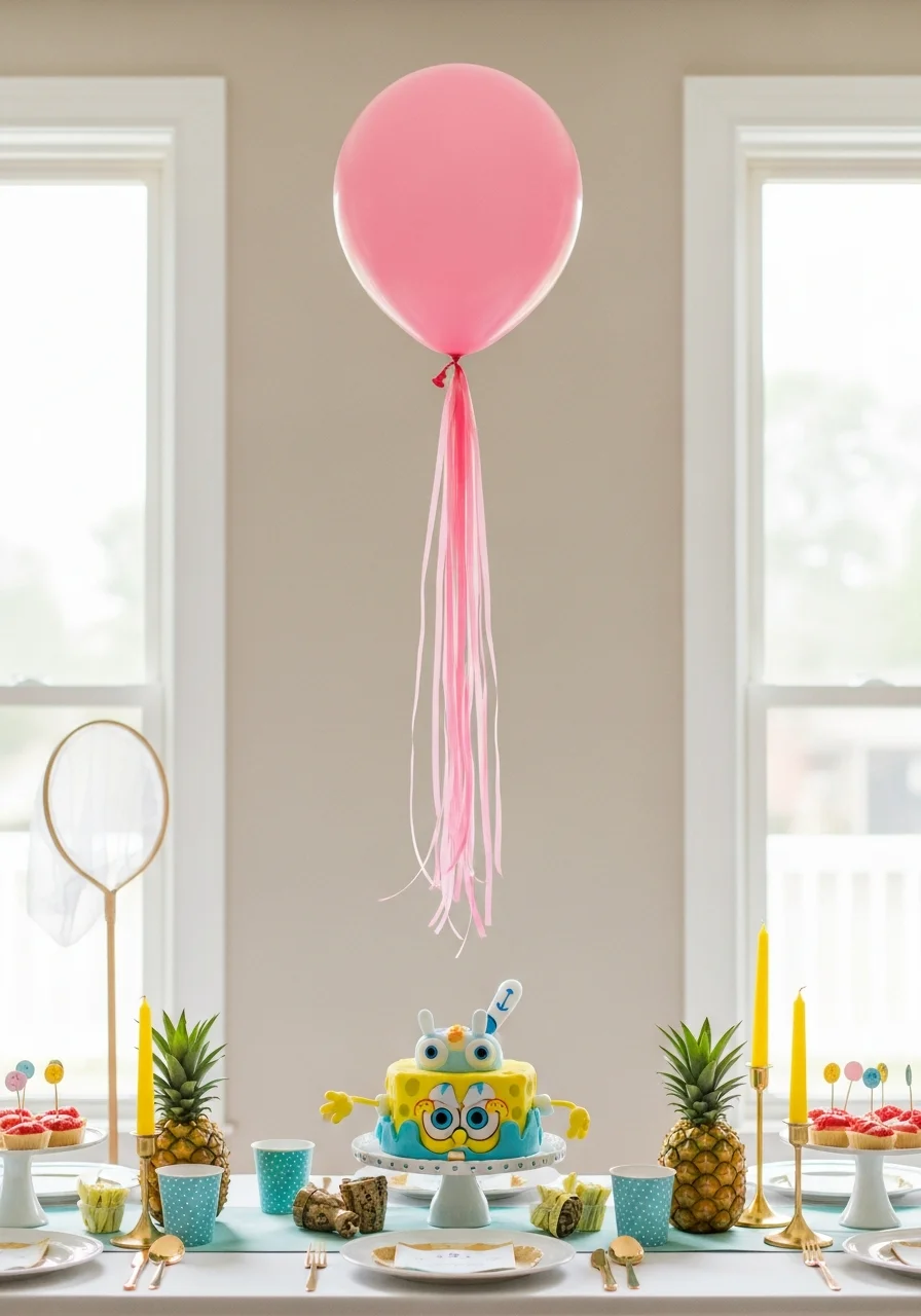 A pink balloon with ribbons attached to look like a jellyfish, floating near a net.