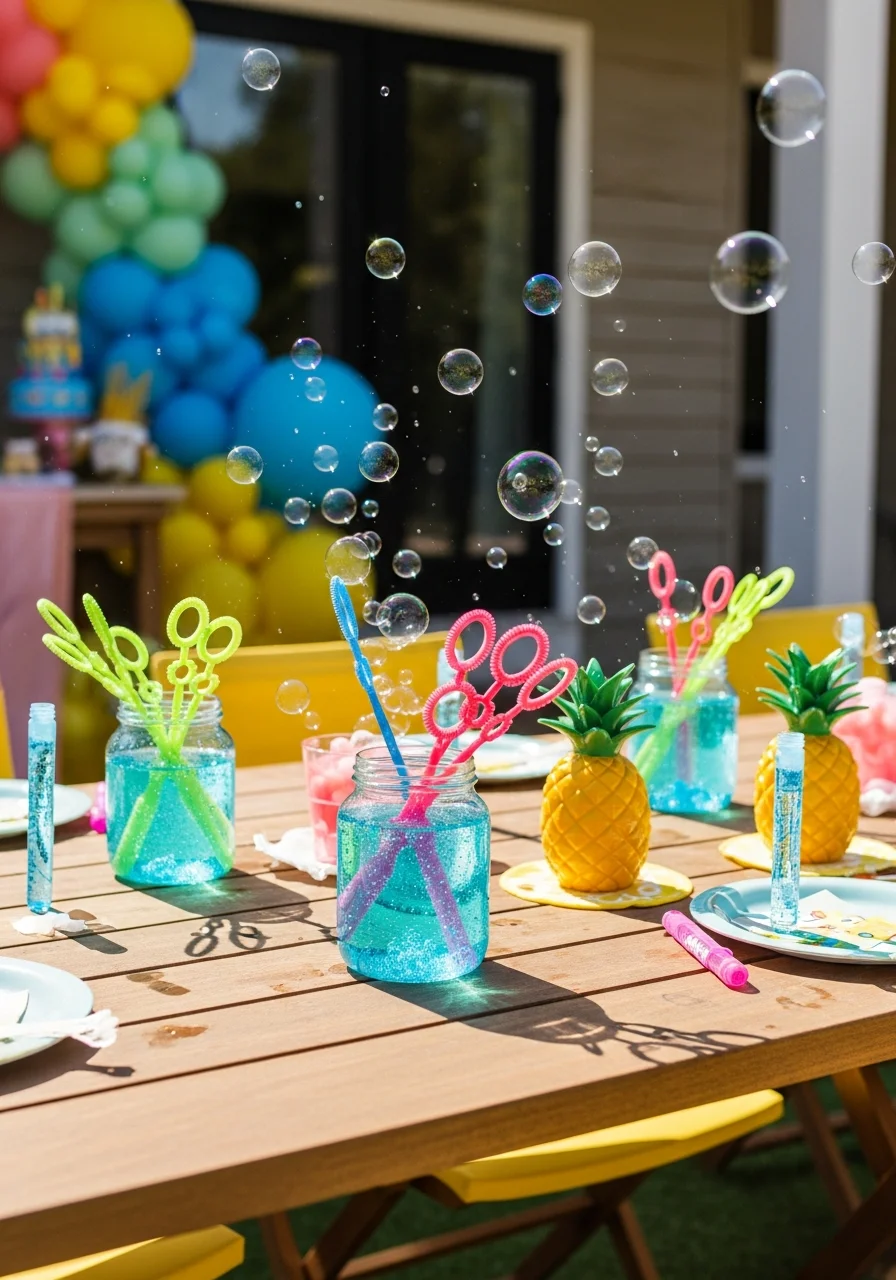 An outdoor bubble station with jars of soap and bubble wands under natural light.