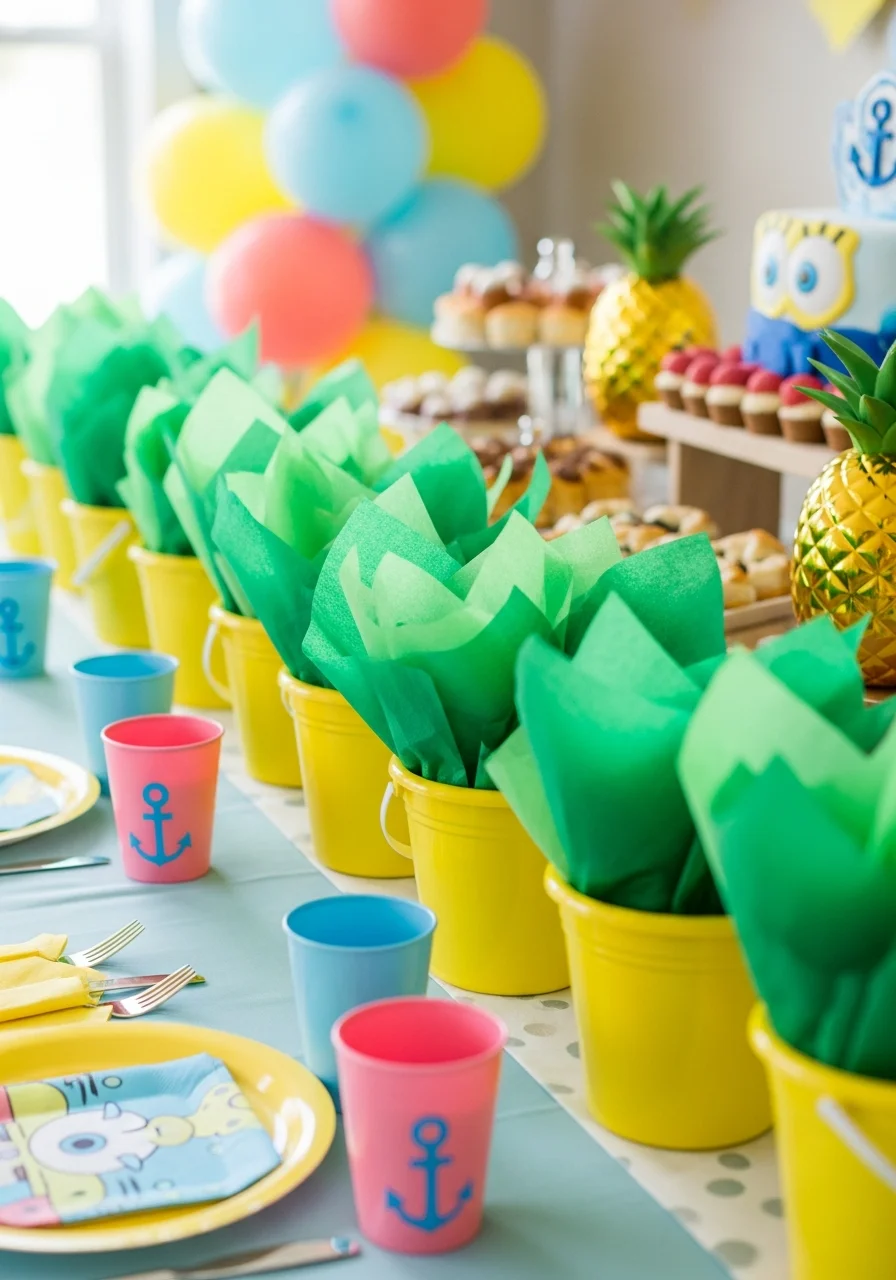 Small yellow buckets filled with green tissue paper, looking like pineapples.