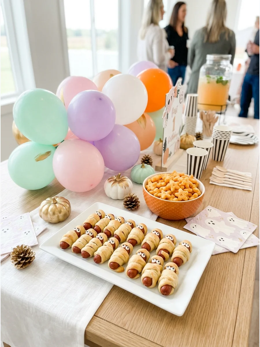 Mummy Hot Dogs & Pumpkin Puffs spooky one first birthday