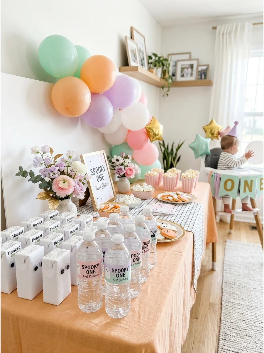 Ghostly Juice Boxes & Water Labels spooky one first birthday