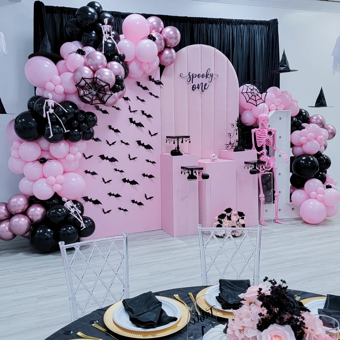 Pink Bat Backdrop Display spooky one first birthday