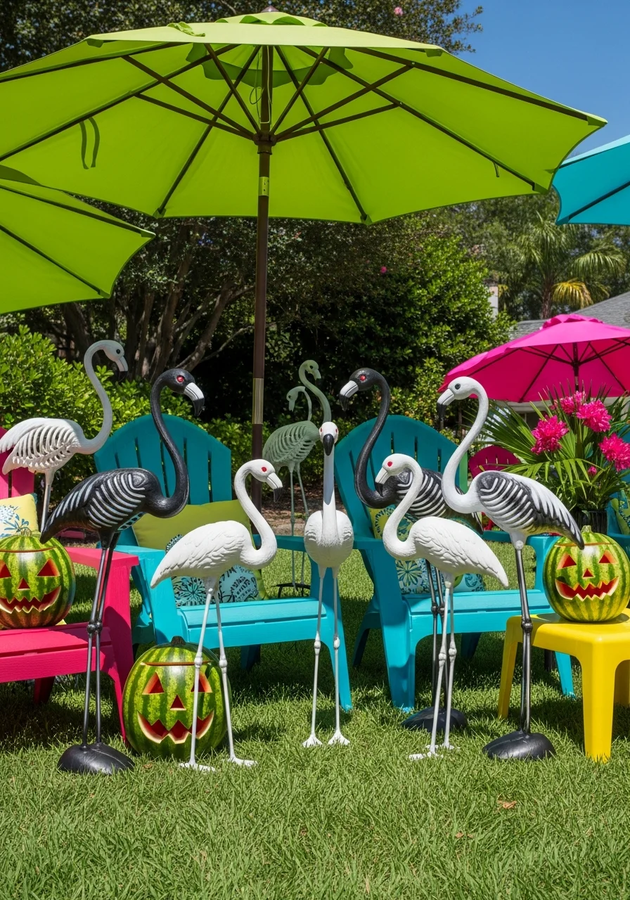 Skeletal lawn flamingos standing on a grass lawn next to bright turquoise patio furniture.