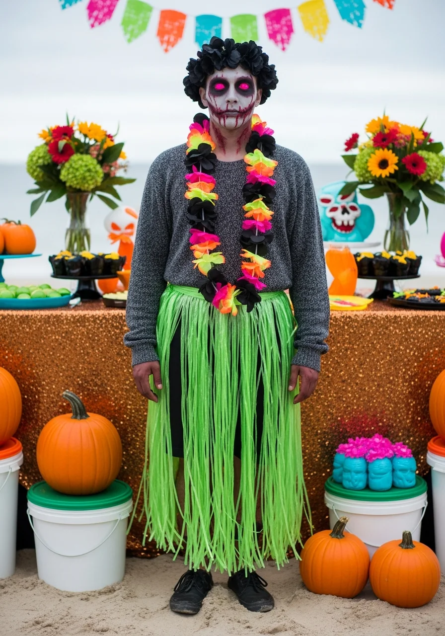 A person in a tattered green grass skirt and black lei with zombie makeup.