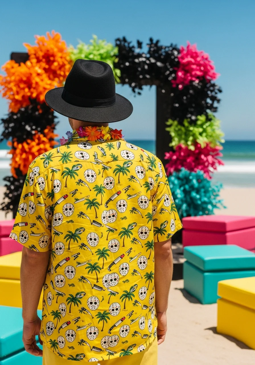 A yellow Hawaiian shirt with a pattern of horror movie icons and machetes.