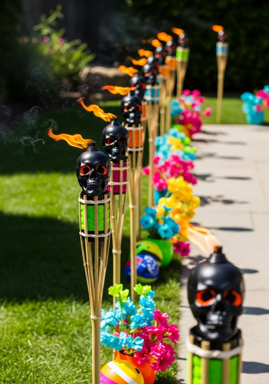 Tiki torches with black skulls on top lighting a backyard walkway.