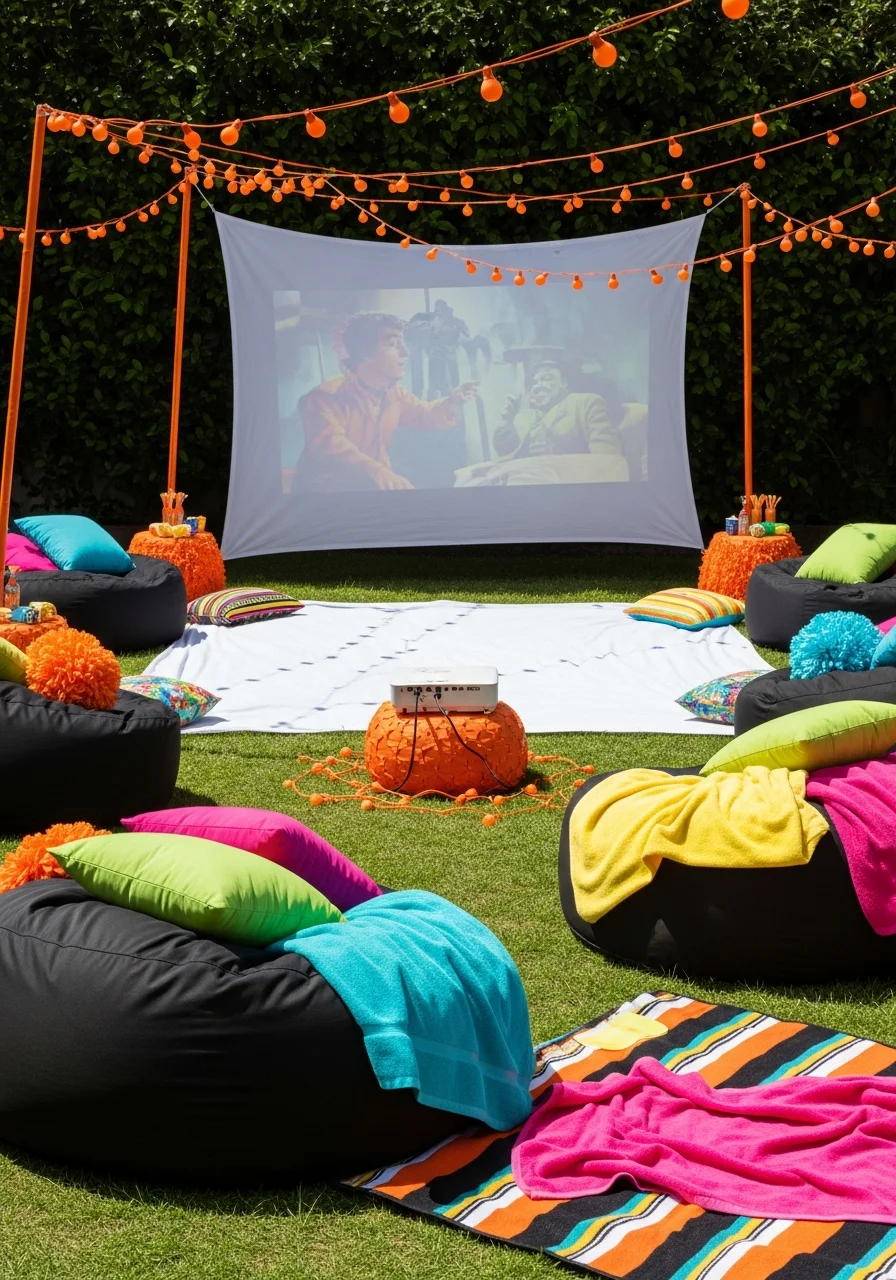 An outdoor cinema setup with a sheet screen and bean bags in a backyard.