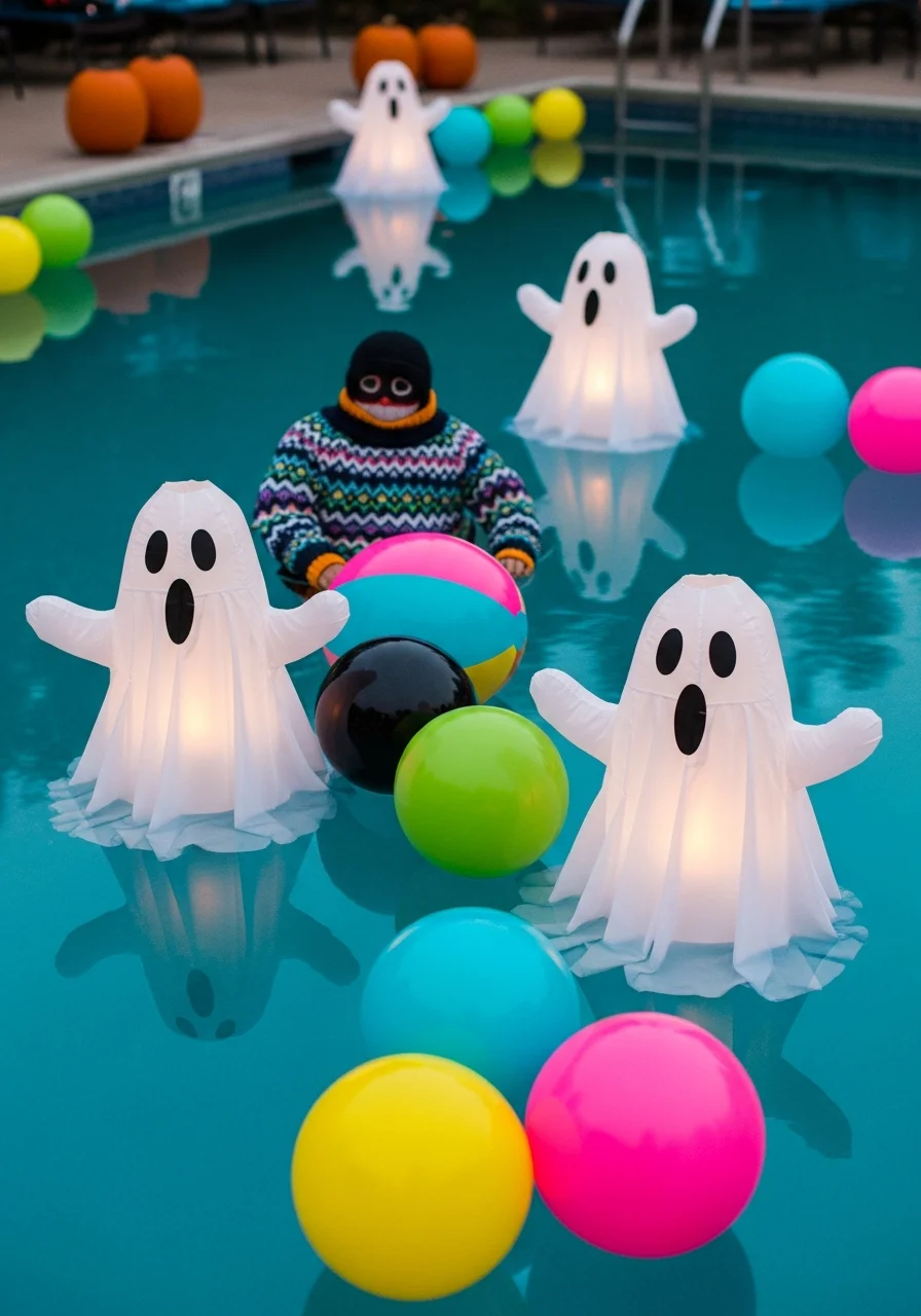 Glowing white ghost-shaped lanterns floating in a pool with colorful beach balls.