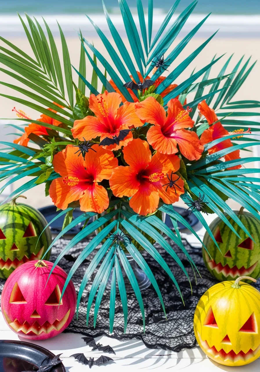 Tropical flowers in a vase decorated with small plastic spiders and bats.