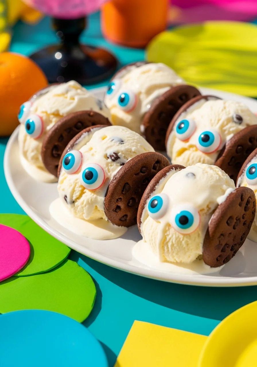 Ice cream sandwiches on a platter with candy eyeballs stuck in the sides.