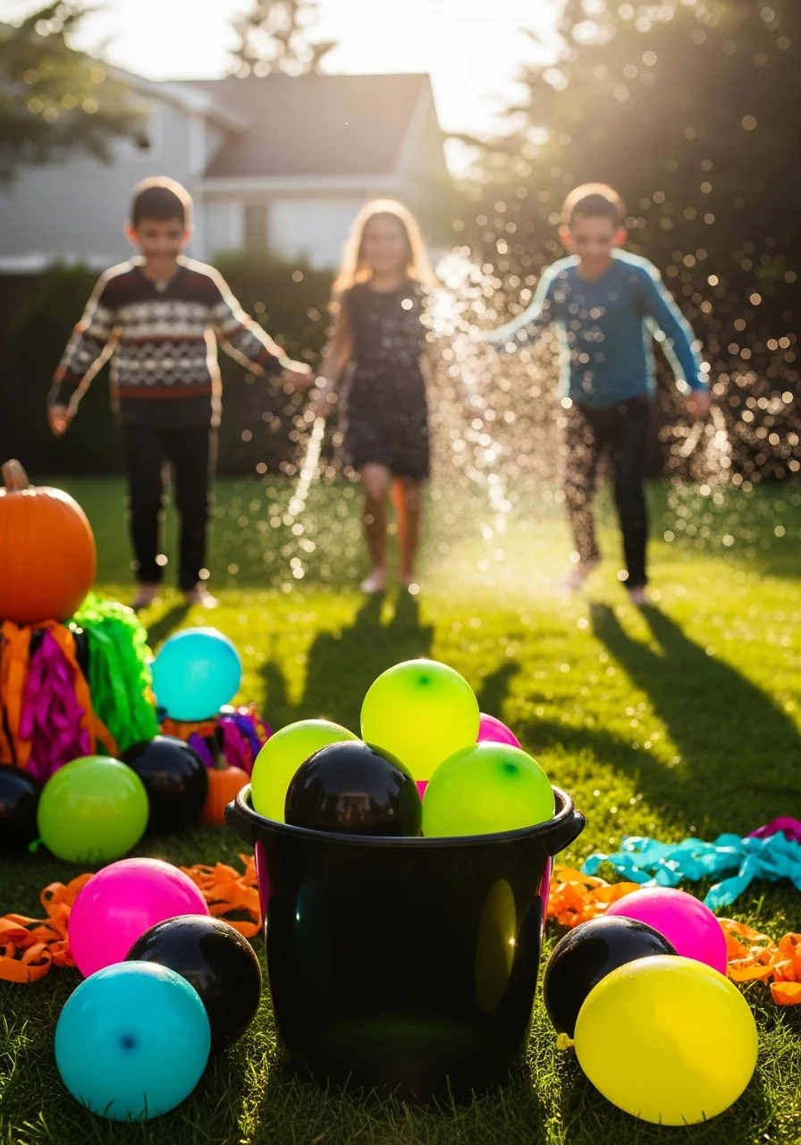 A bucket of green water balloons in a sunny backyard during a party.