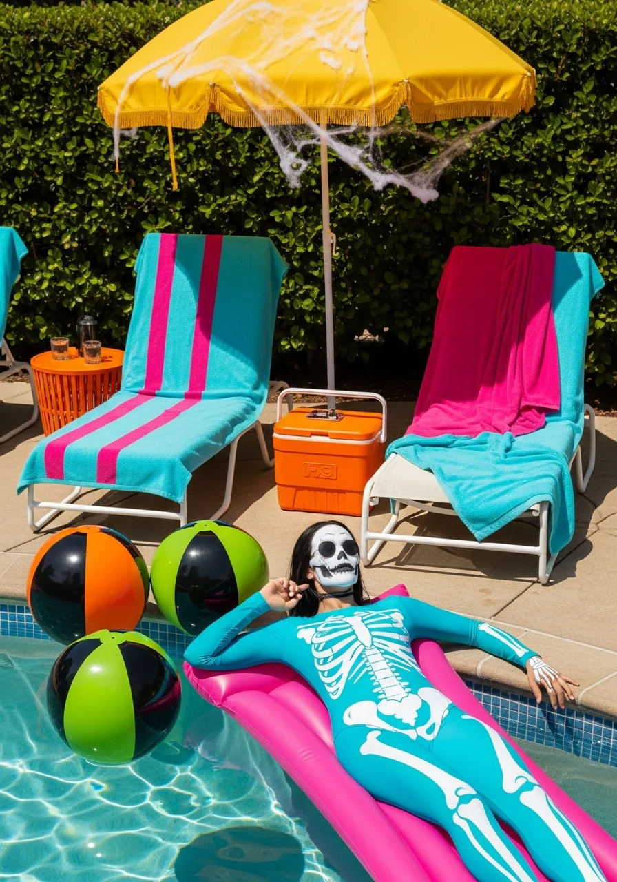 A person in a skeleton-print swimsuit lounging on a bright pink pool float.
