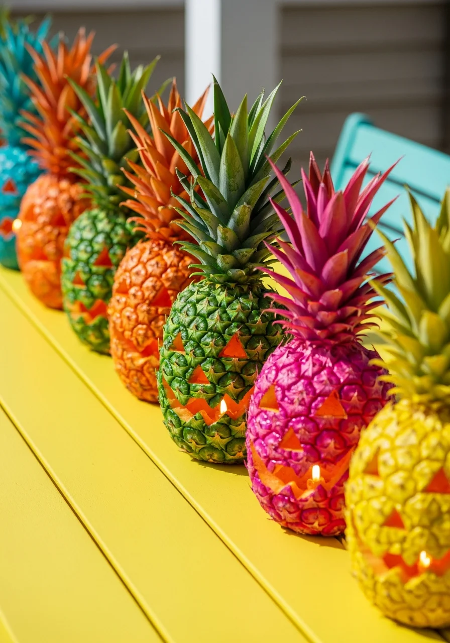 Carved pineapples painted in neon colors with glowing lights inside on a yellow table.