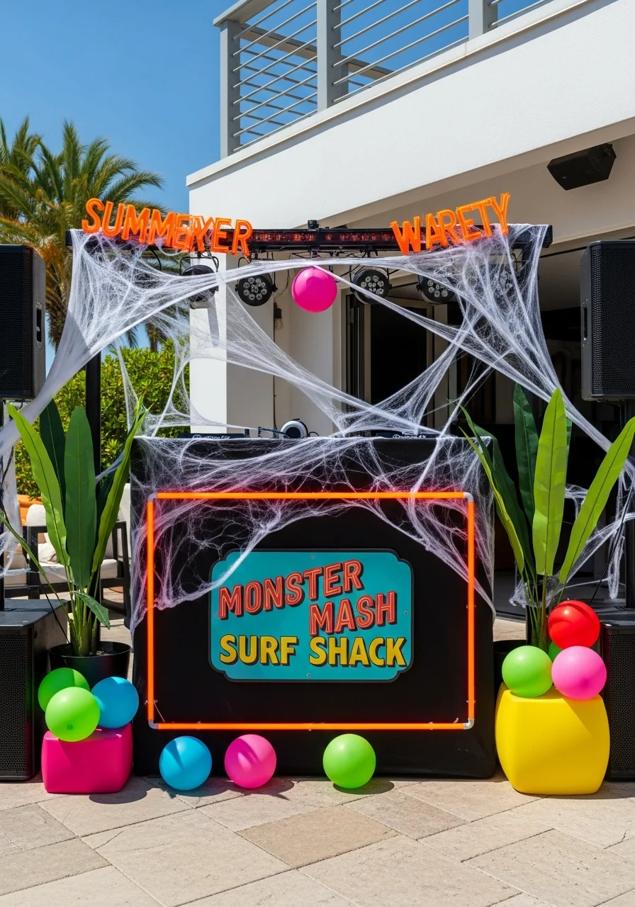 A decorated DJ booth on a patio with neon lights and a themed sign.