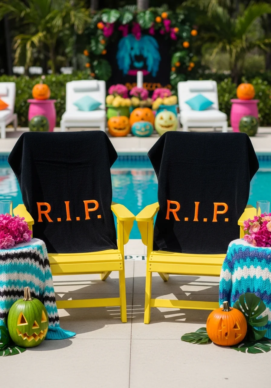 Yellow beach chairs with black towels featuring orange R.I.P. text.