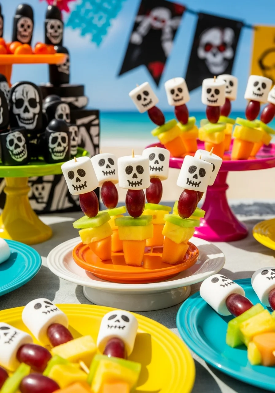 Fruit skewers topped with marshmallows decorated like skeleton faces.