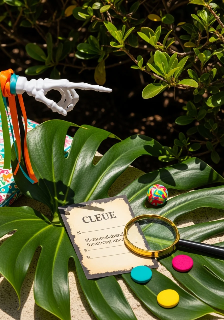 A scavenger hunt clue card and a skeleton hand on a large tropical leaf.