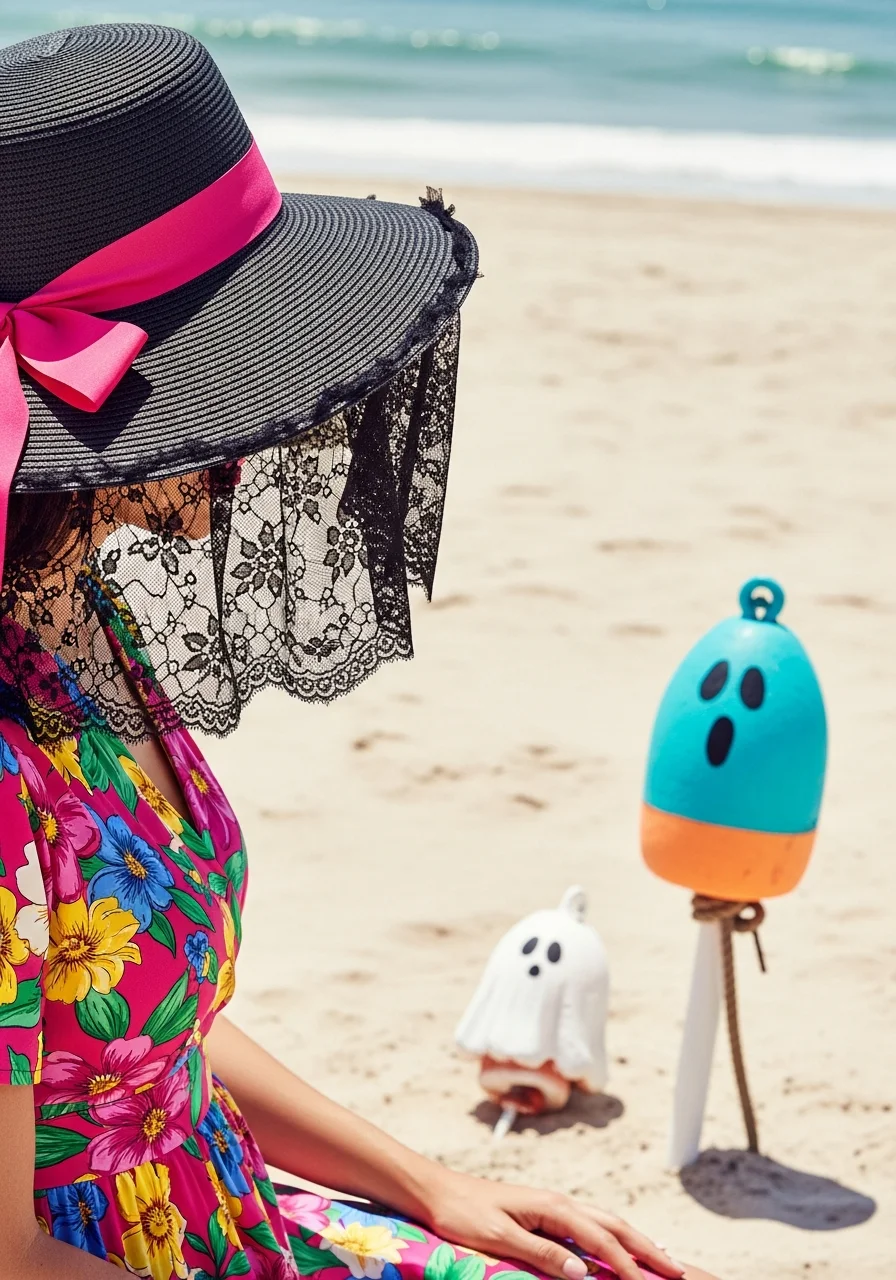 A black straw sun hat with a pink ribbon and lace veil.