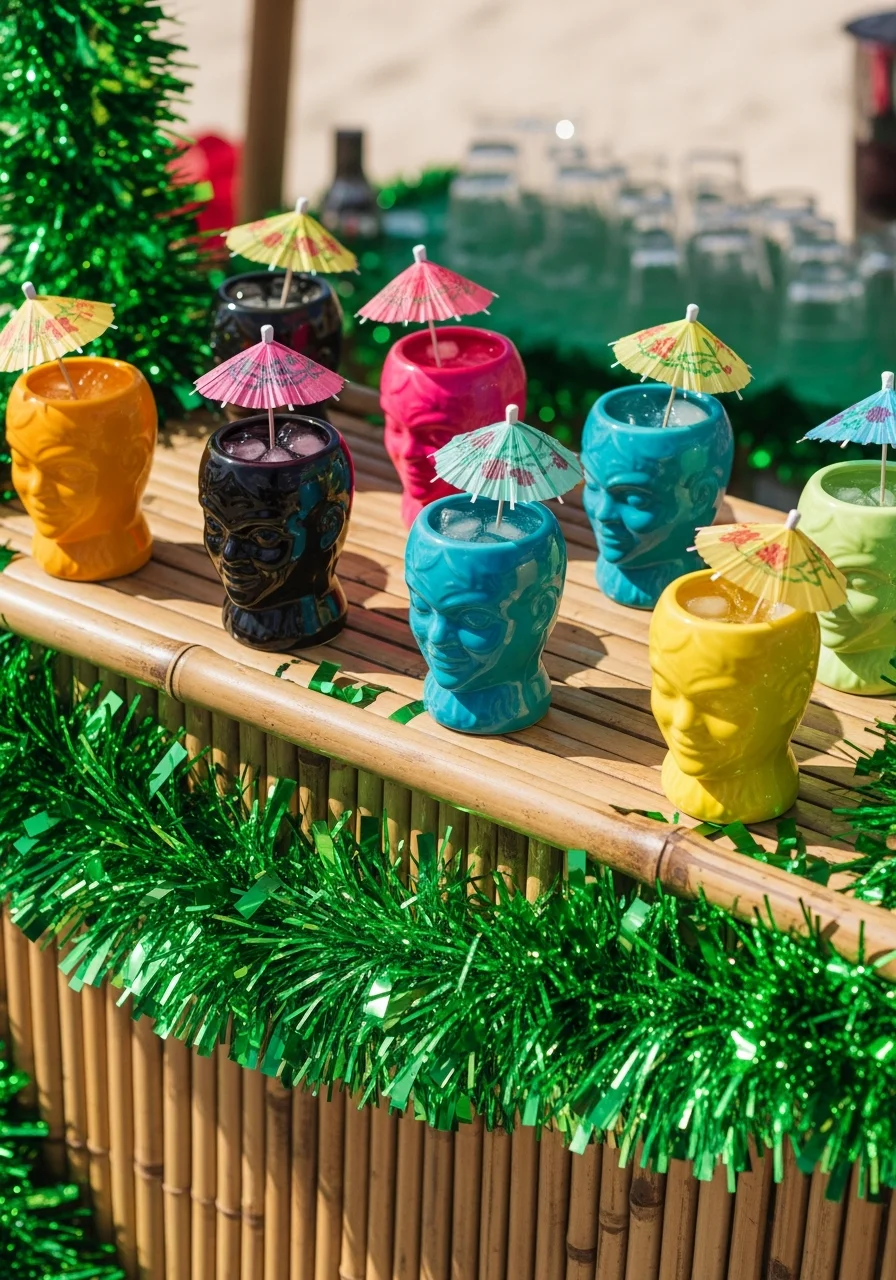 A bamboo tiki bar with lime green decorations and shrunken head mugs.