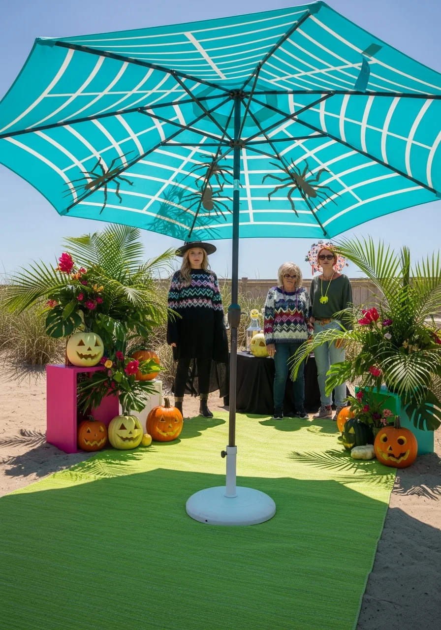 A turquoise patio umbrella with a white spiderweb design casting a shadow on a green rug.