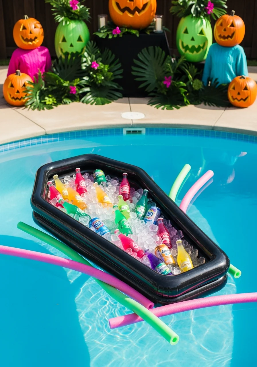 An inflatable coffin-shaped cooler floating in a swimming pool filled with ice and drinks.