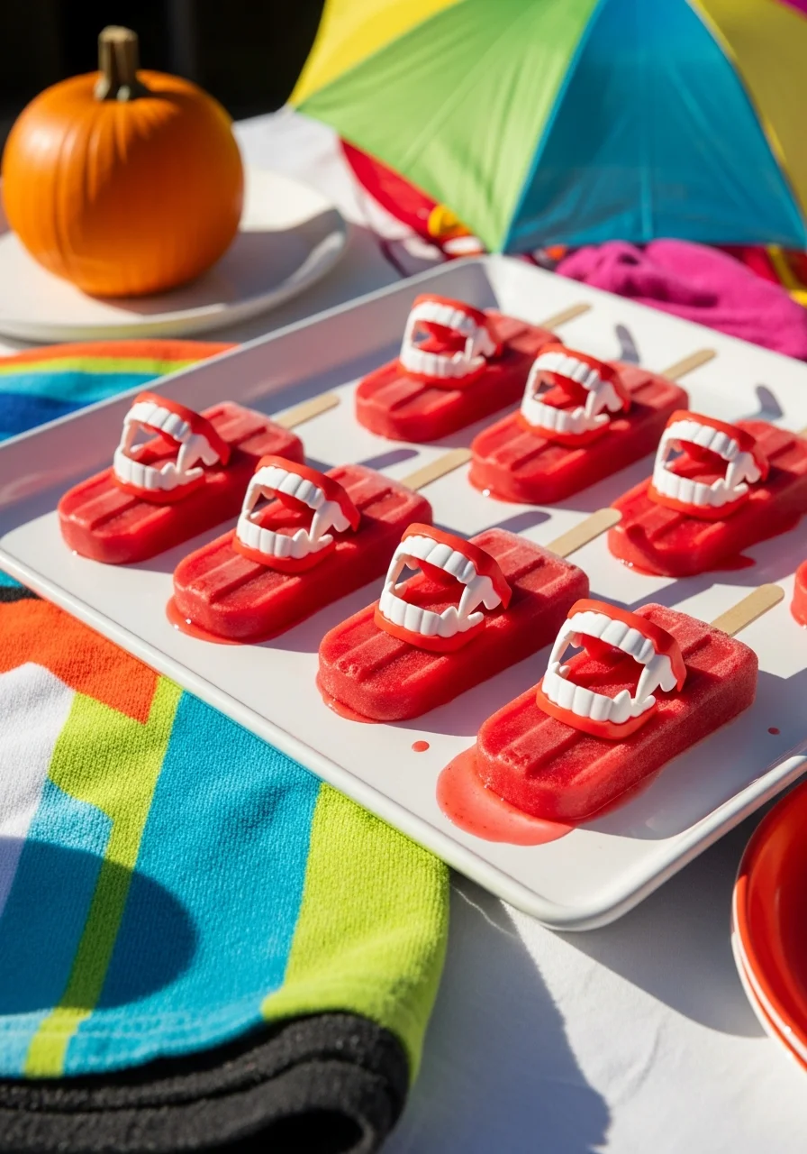 Red fruit popsicles with plastic vampire fangs melting on a white serving tray.