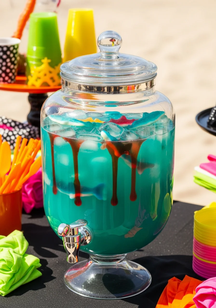 A clear glass drink dispenser filled with blue punch, gummy sharks, and red syrup streaks.