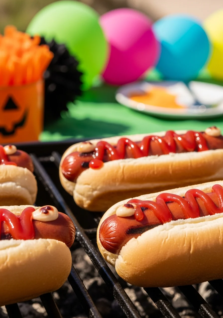 Hot dogs carved to look like fingers being grilled and served with red ketchup.