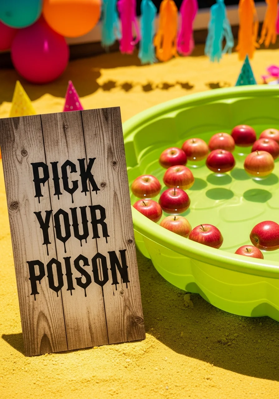 Red apples floating in a lime green kiddie pool with a gothic sign nearby.
