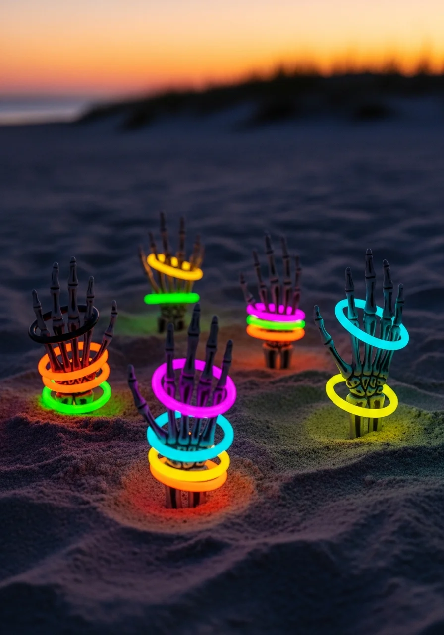 Glow-in-the-dark rings being tossed onto plastic skeleton hands in the grass at dusk.