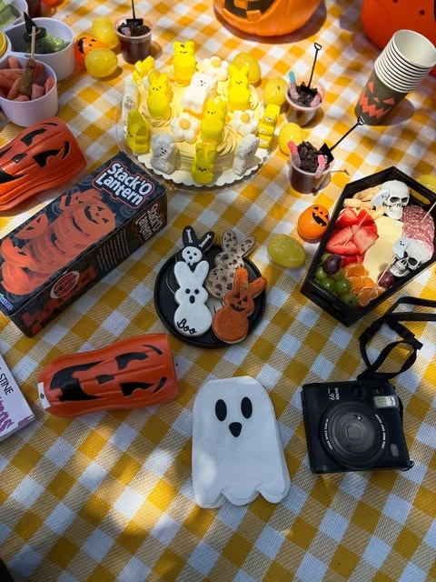 Gingham Spooky Picnic Spread summerween party ideas