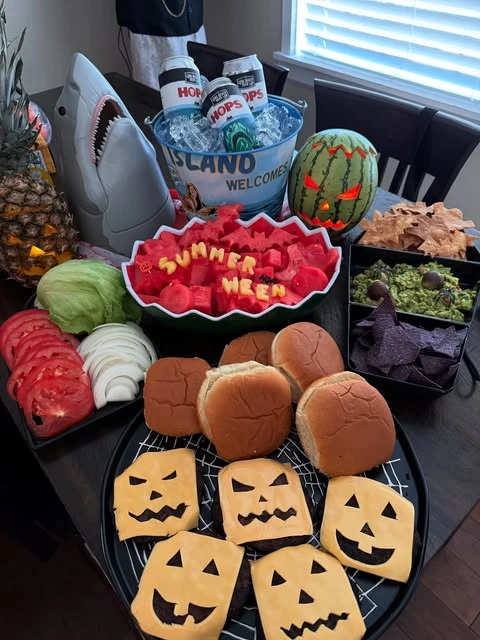 Carved Tropical Fruit Displays summerween party ideas