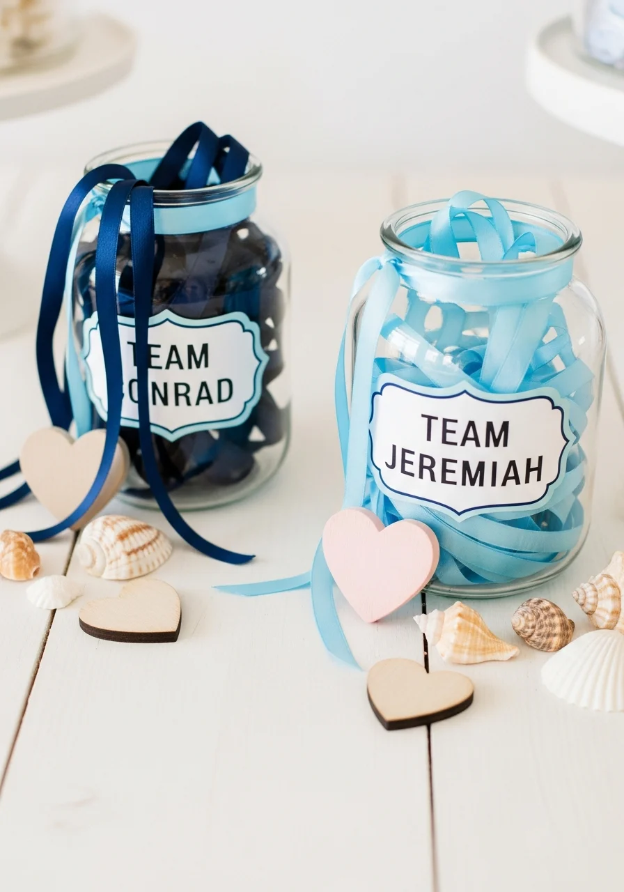 A voting station for a party with two glass jars filled with blue ribbons for Team Conrad and Team Jeremiah.
