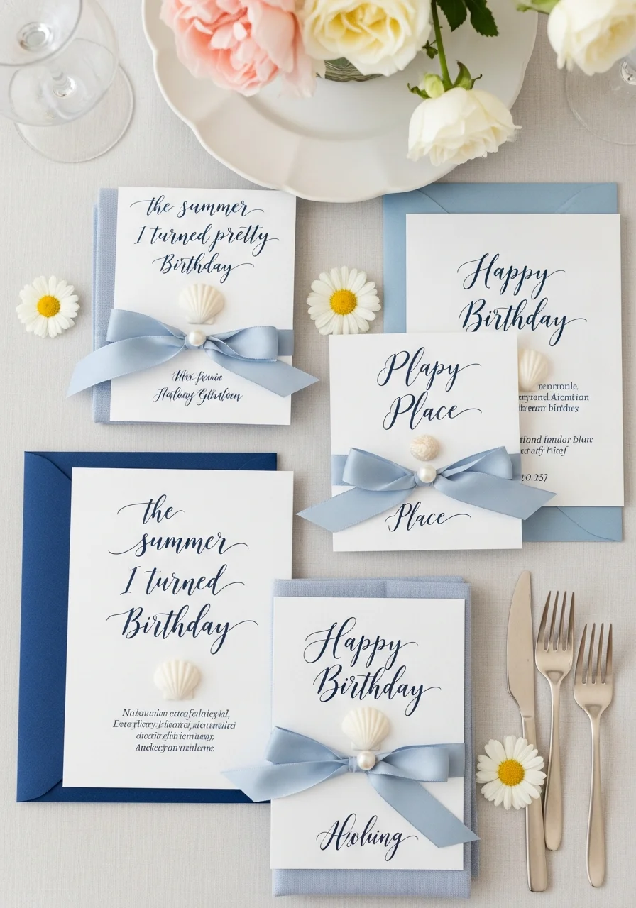 Elegant white party invitations with navy calligraphy and a pearl accent on blue ribbon.