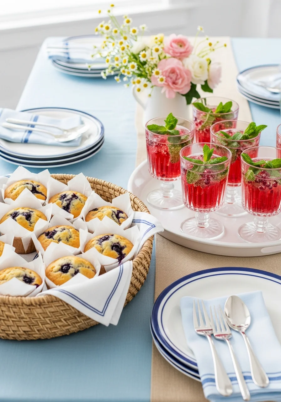 A refreshment table with blueberry muffins and pink pomegranate mocktails on a blue linen tablecloth.