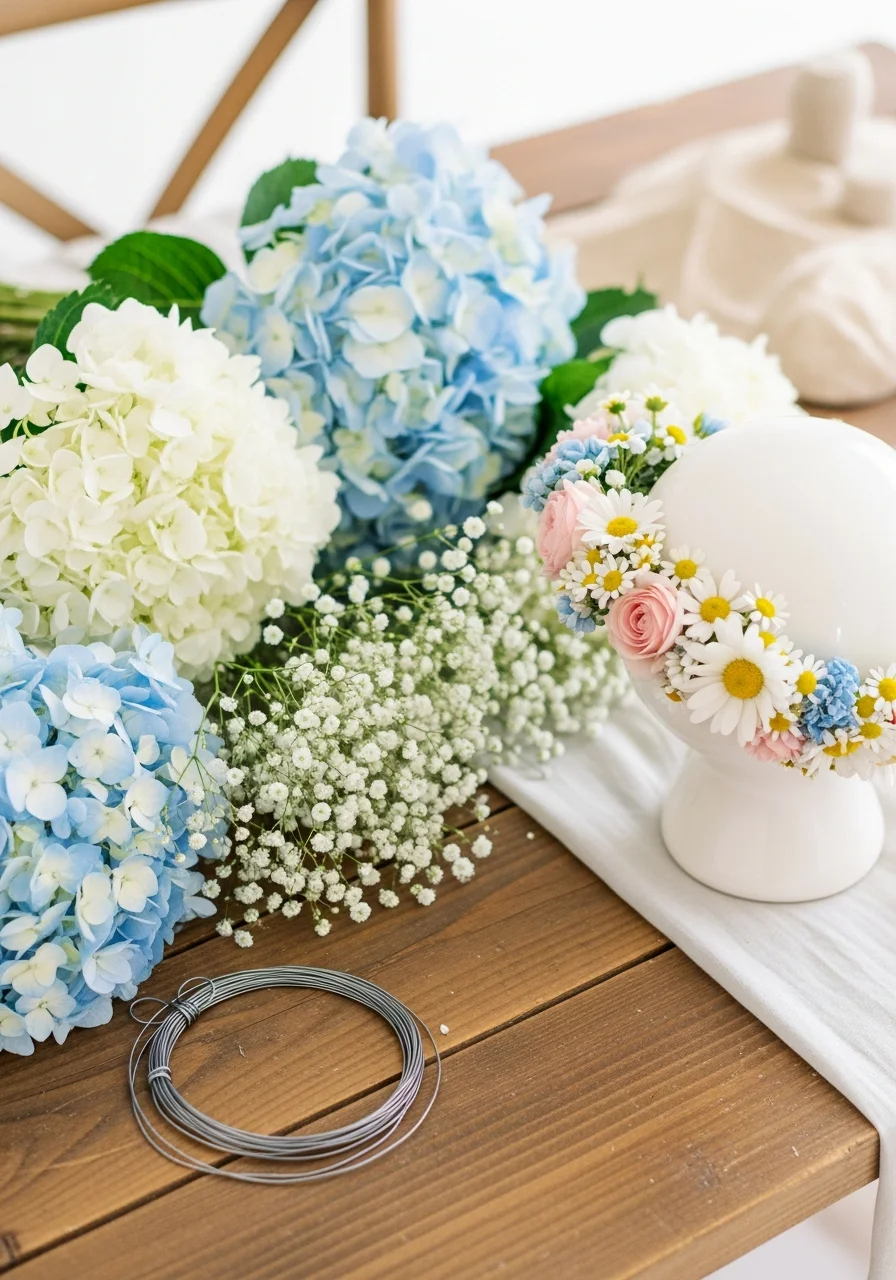 A DIY flower crown station with blue and white hydrangeas and floral supplies on a wooden table.