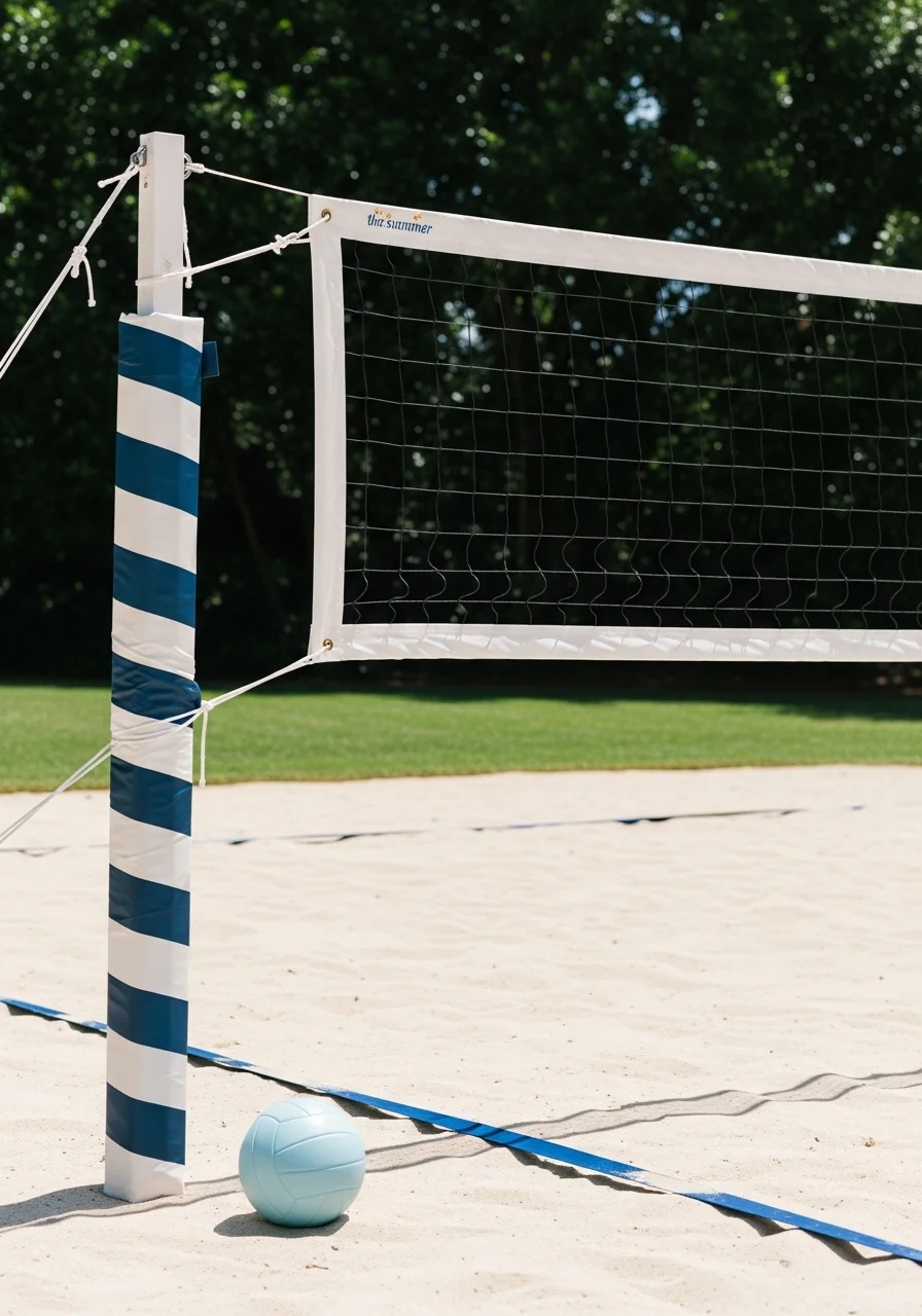 A beach volleyball net with blue and white striped poles on a sunny lawn.