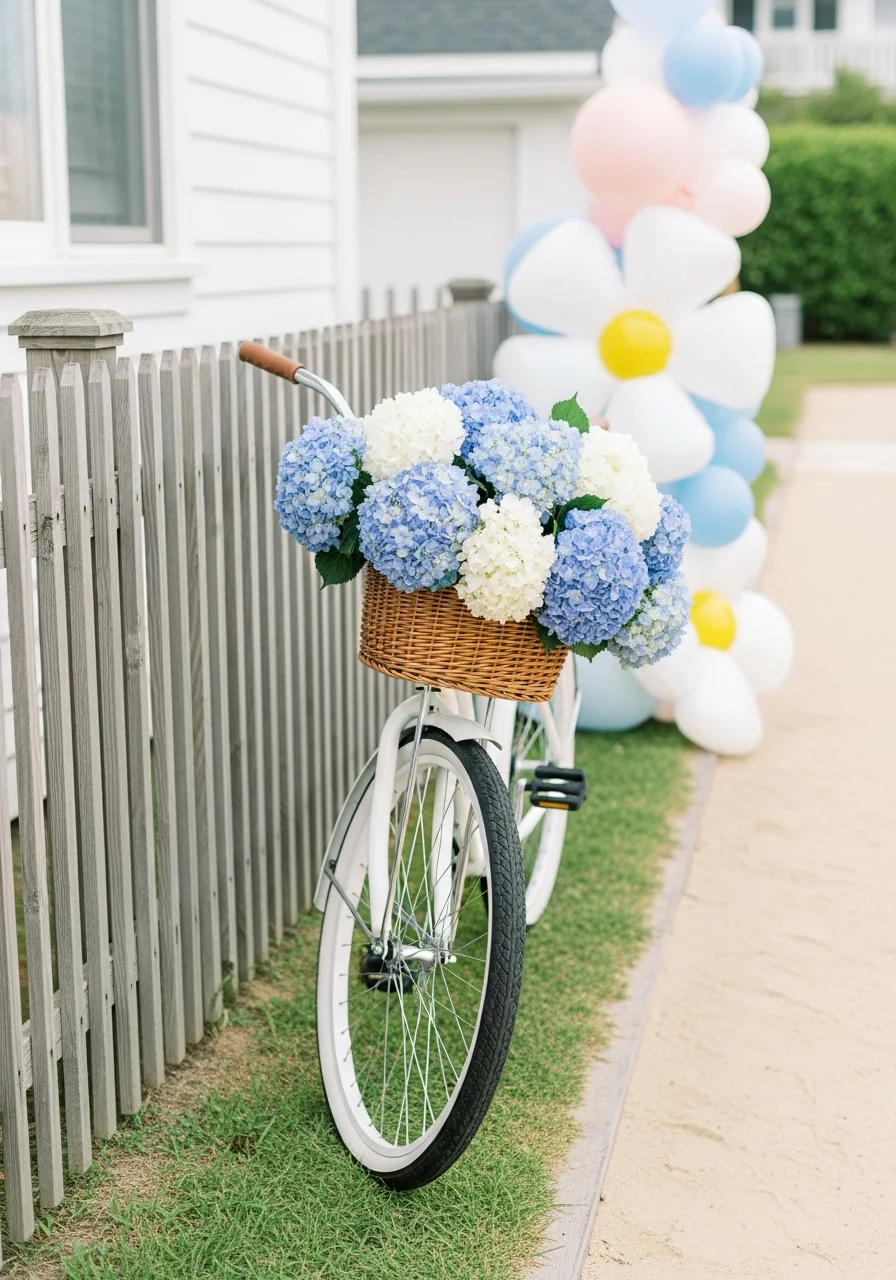 A white vintage bicycle with a basket full of blue and white hydrangeas parked by a fence.